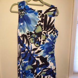 Connected Apparel Blue White Black Green Palm Print Sleeveless Shift Dress 12